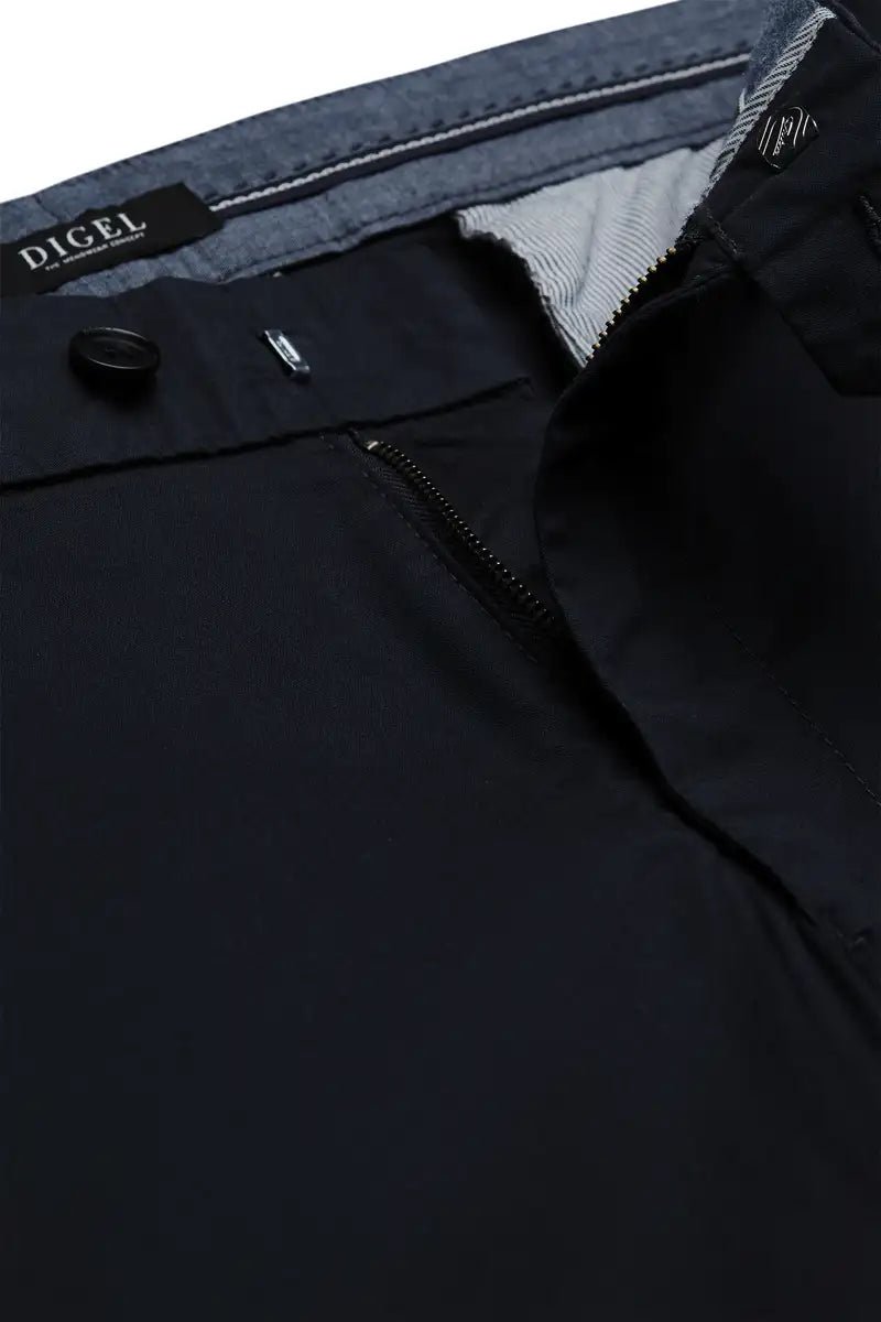 navy chinos close up zipper on white background