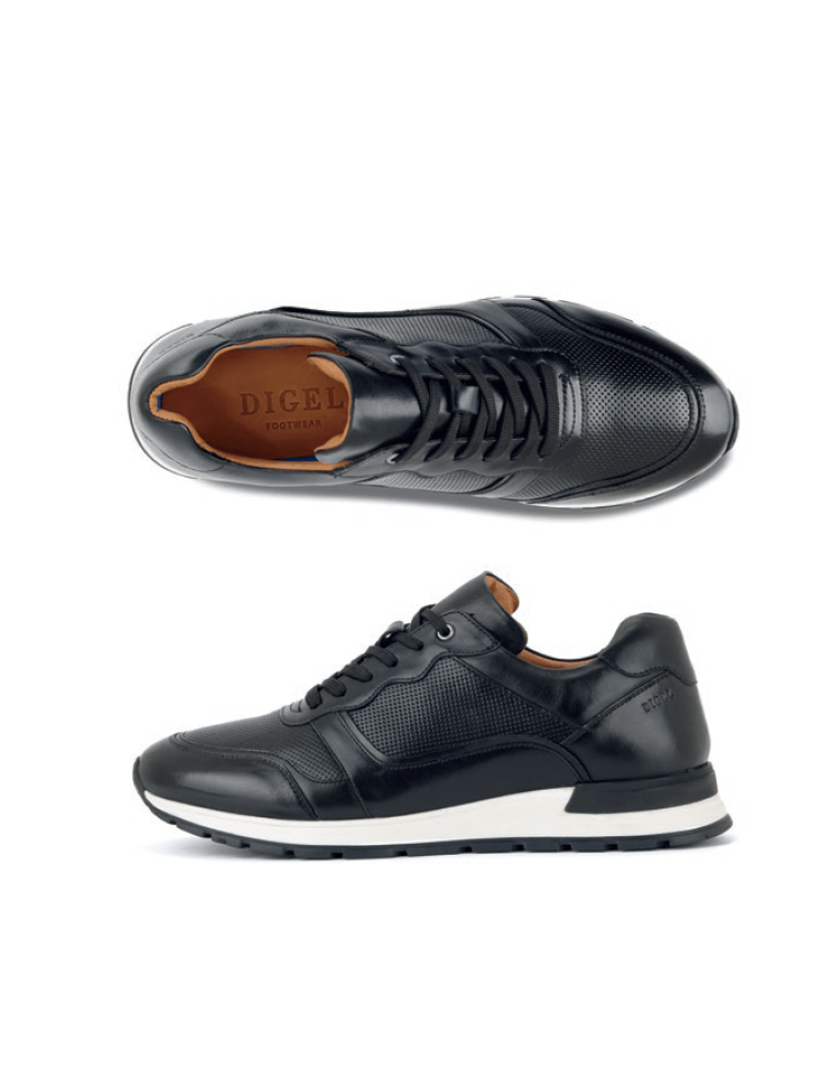 black leather trainer shoes on white background