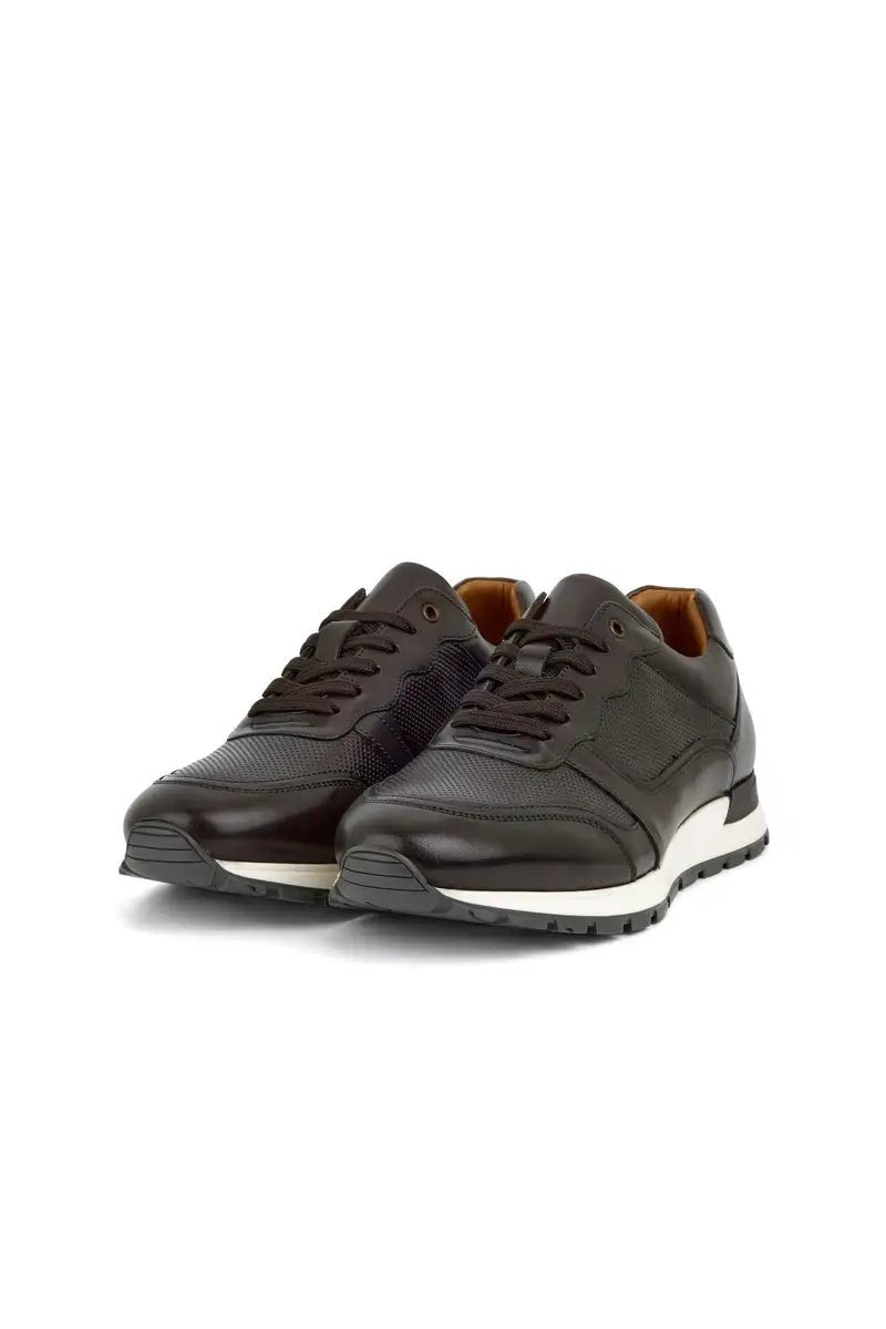 dark brown leather trainer shoe on white background