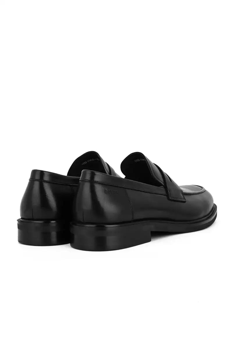 rear view black penny loafer black shoes on white background