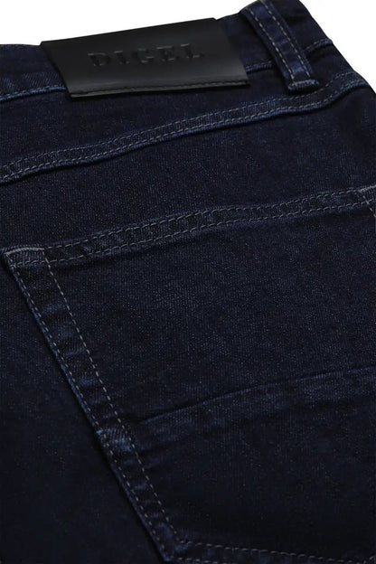 dark blue jeans rear image with black label on a white background