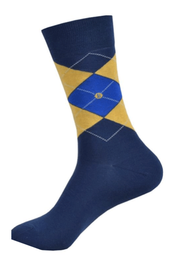 Navy blue sock with yellow and blue diamond pattern on a white background