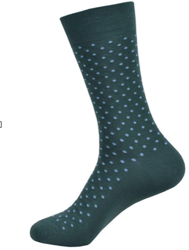 Dark green sock with light blue polka dots on a white background