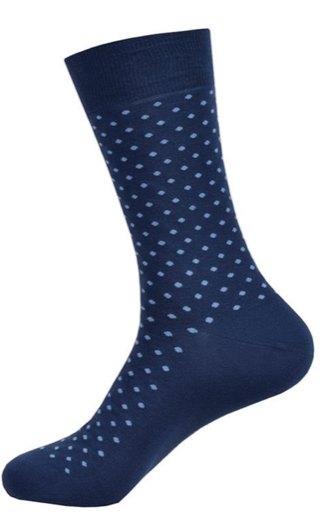 Navy blue sock with white polka dots on a white background