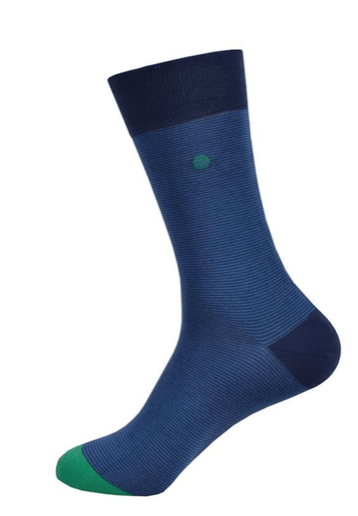 Blue sock with green accents on a white background