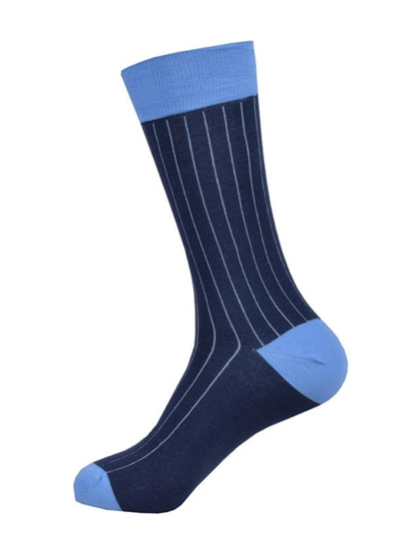 Navy sock with light blue accents on a white background