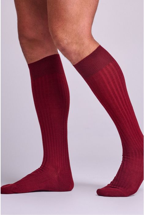 Maroon knee-high socks worn by a person on a light gray background