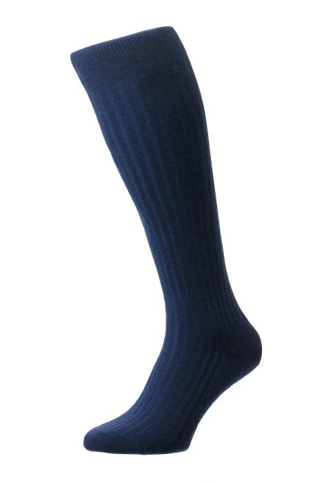 Navy blue knee-high sock on a white background