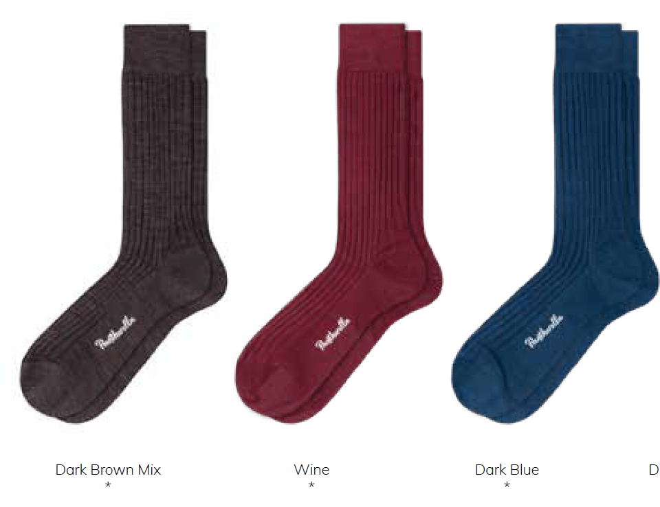 Three pairs of socks in dark brown, wine, and dark blue with 'Bertie' branding.