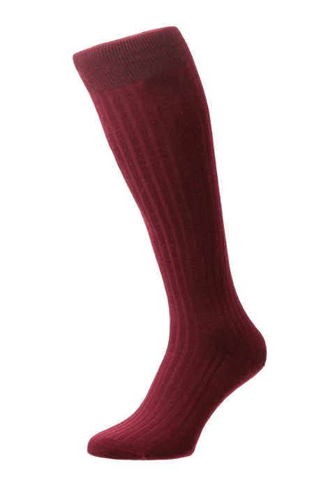 Maroon knee-high sock on a white background