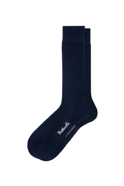 Navy blue sock with a brand logo on a transparent background