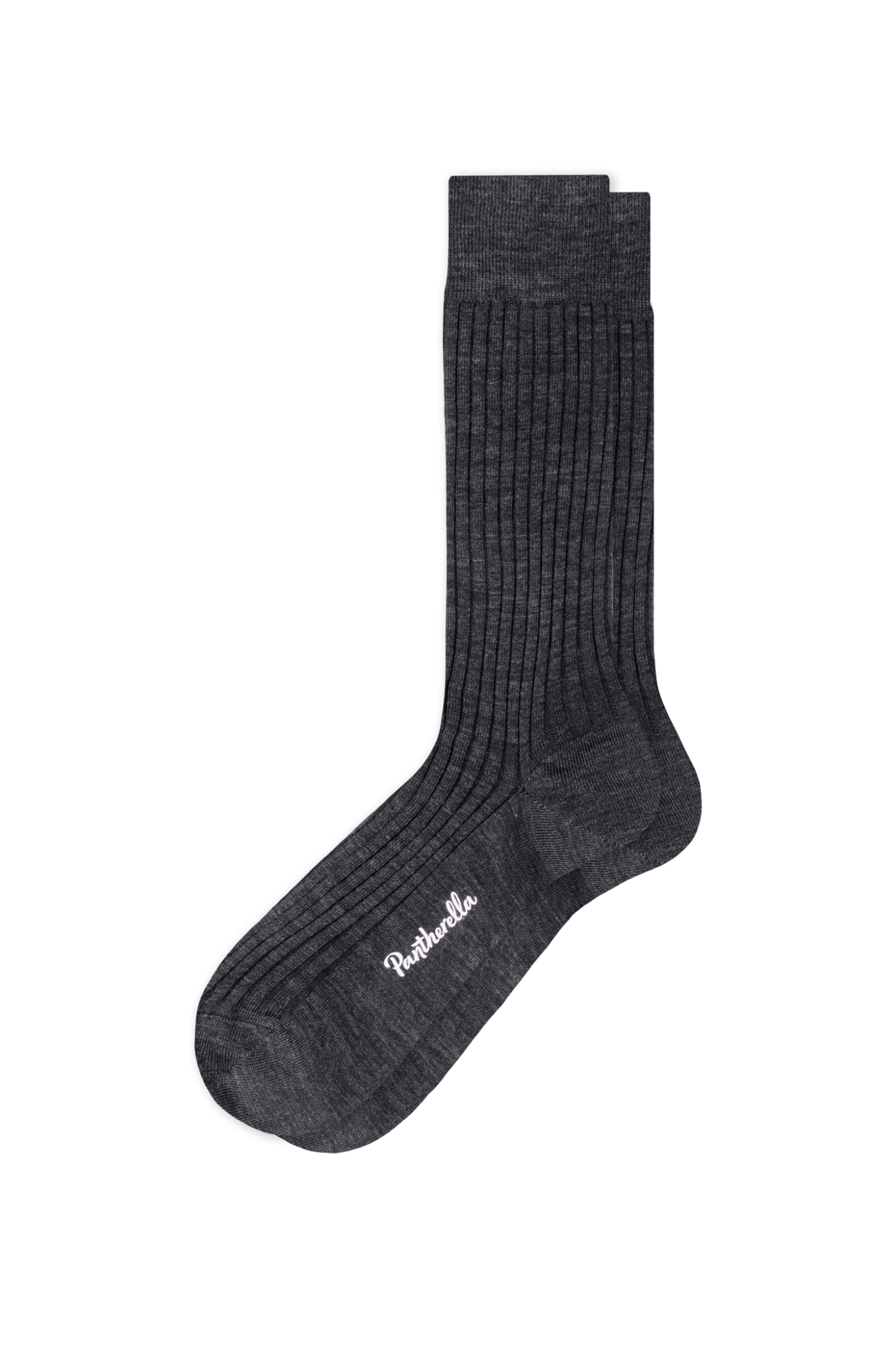 Dark gray sock with a brand logo on a transparent background