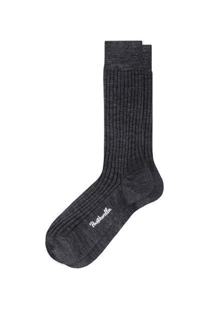 Dark gray sock with a brand logo on a transparent background