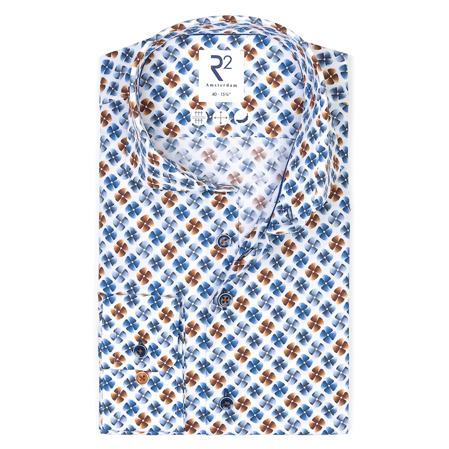 Folded shirt with blue and brown pattern on a white background