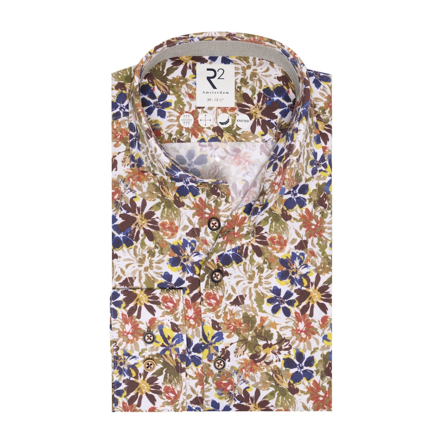 Floral patterned shirt with a brand logo on a white background