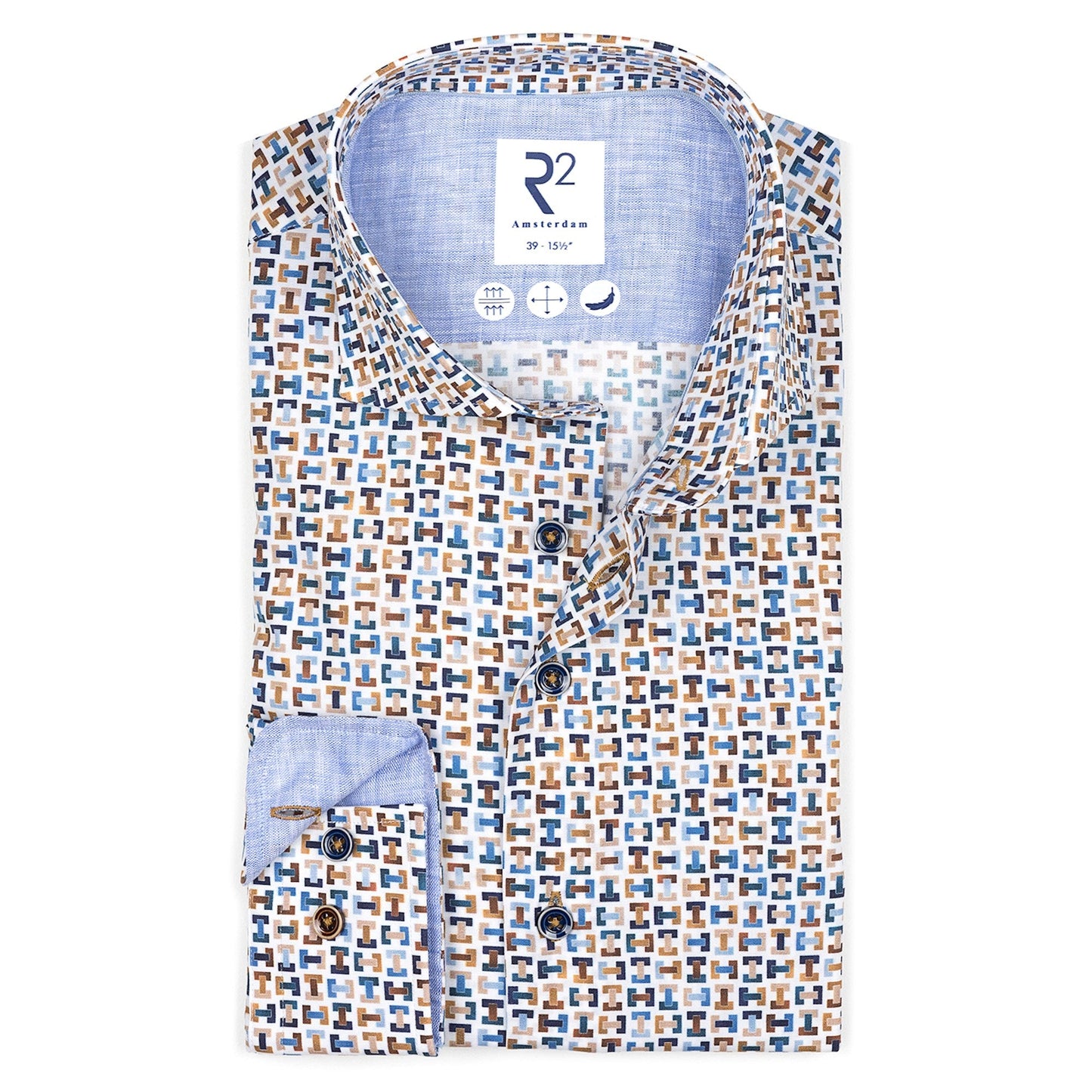 Patterned shirt with a visible brand logo on a white background