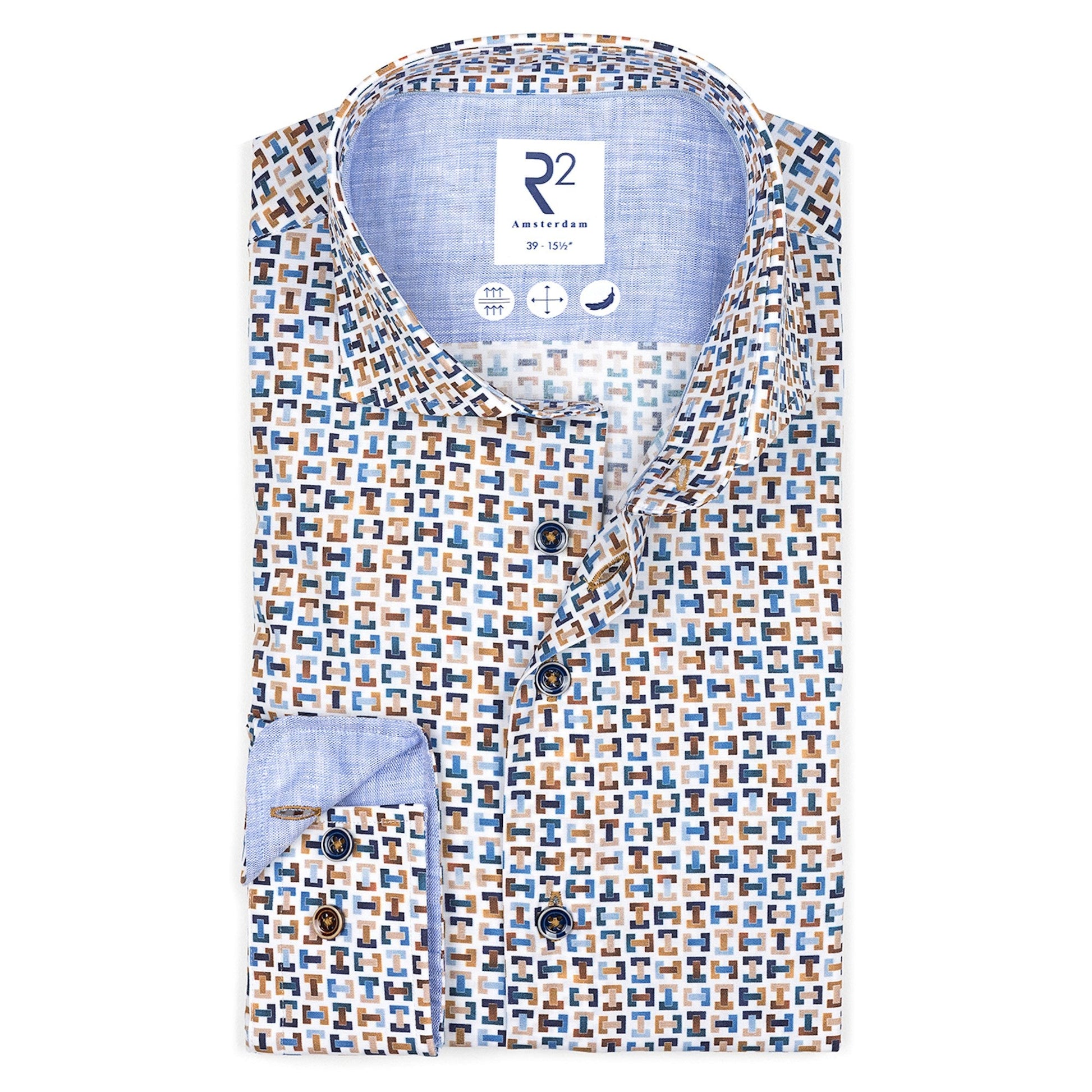 Patterned shirt with a visible brand logo on a white background