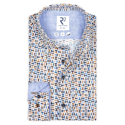 Patterned shirt with a visible brand logo on a white background