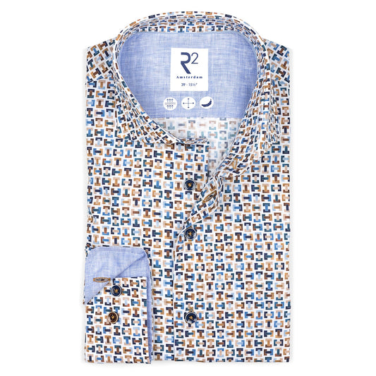 Patterned shirt with a visible brand logo on a white background