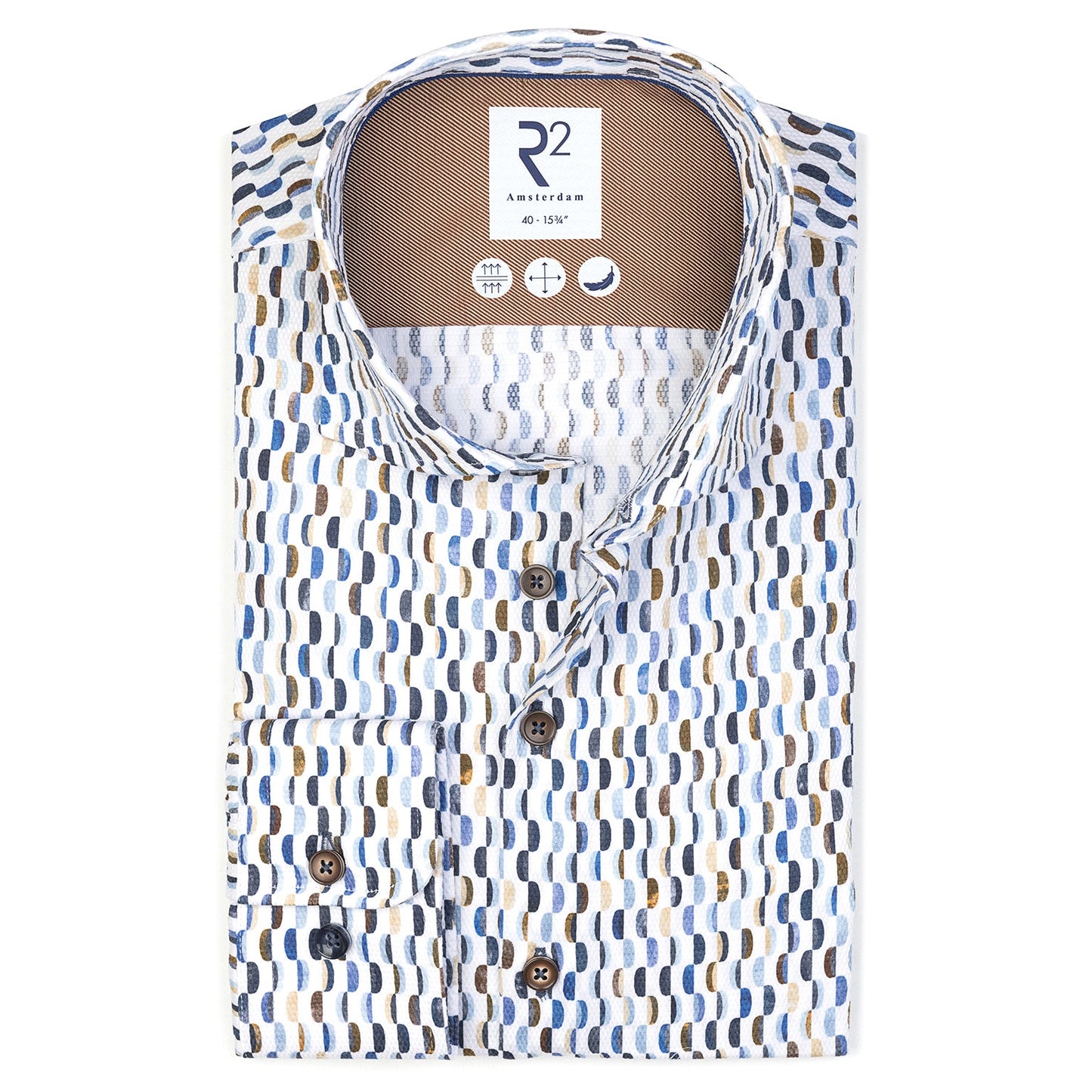 Patterned shirt with R2 label on a white background
