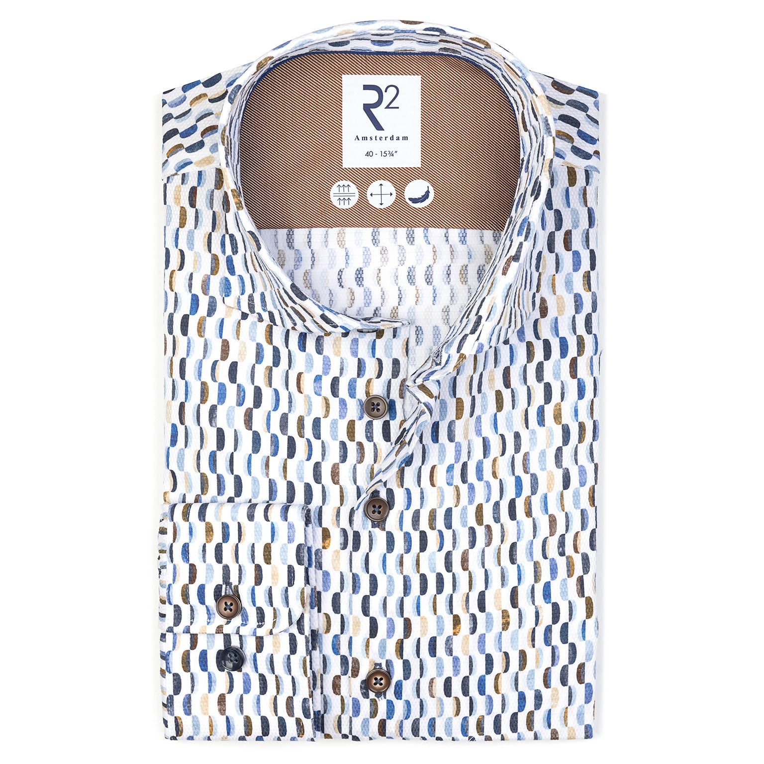 Patterned shirt with R2 label on a white background