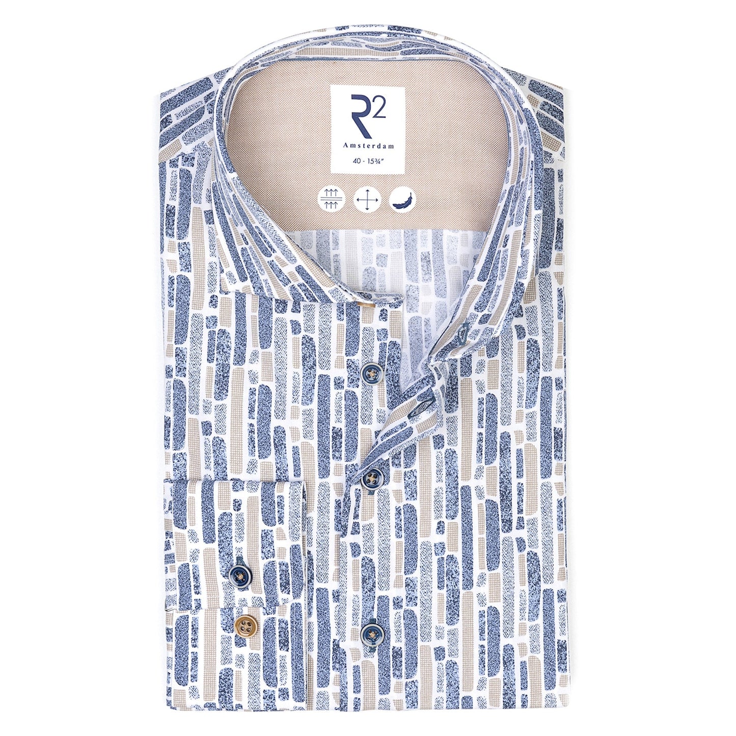 Blue and beige patterned shirt with R2 Amsterdam label on a white background