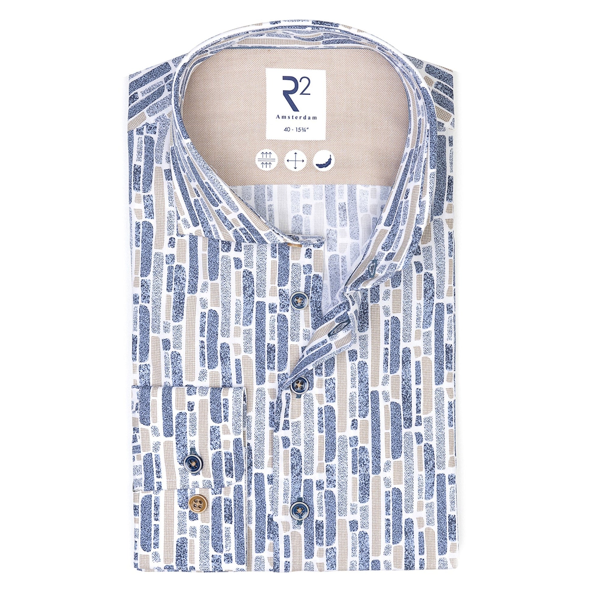 Blue and beige patterned shirt with R2 Amsterdam label on a white background