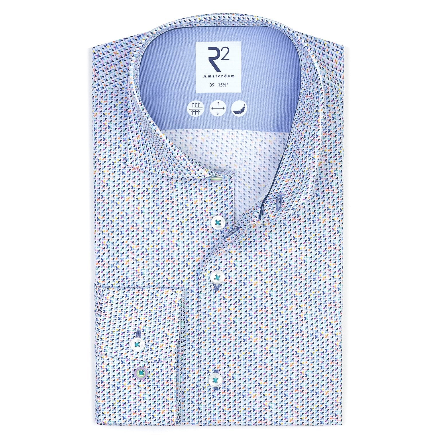 Packaged shirt with a visible brand label on a white background