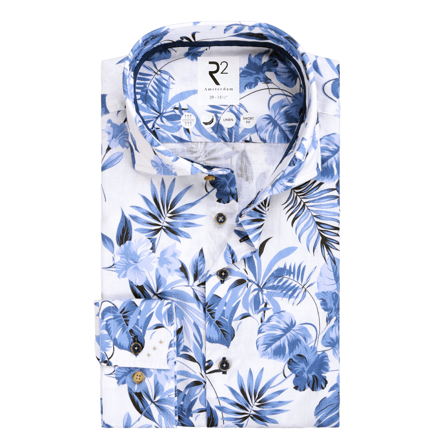 White shirt with blue floral pattern on a white background