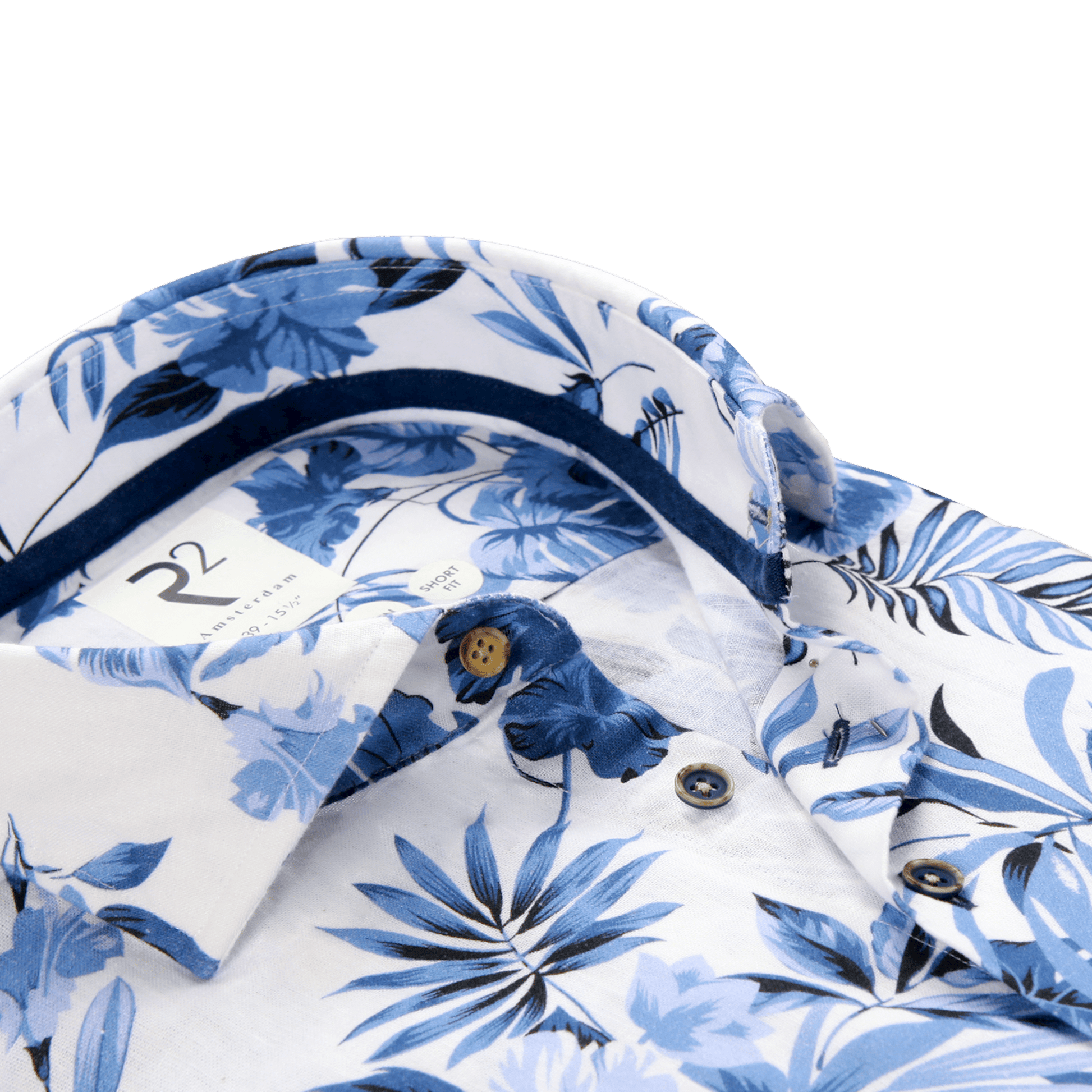 White shirt with blue floral pattern on a white background