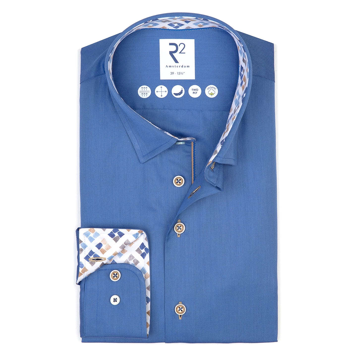 Blue dress shirt with patterned trim on a white background, featuring the R2 brand.