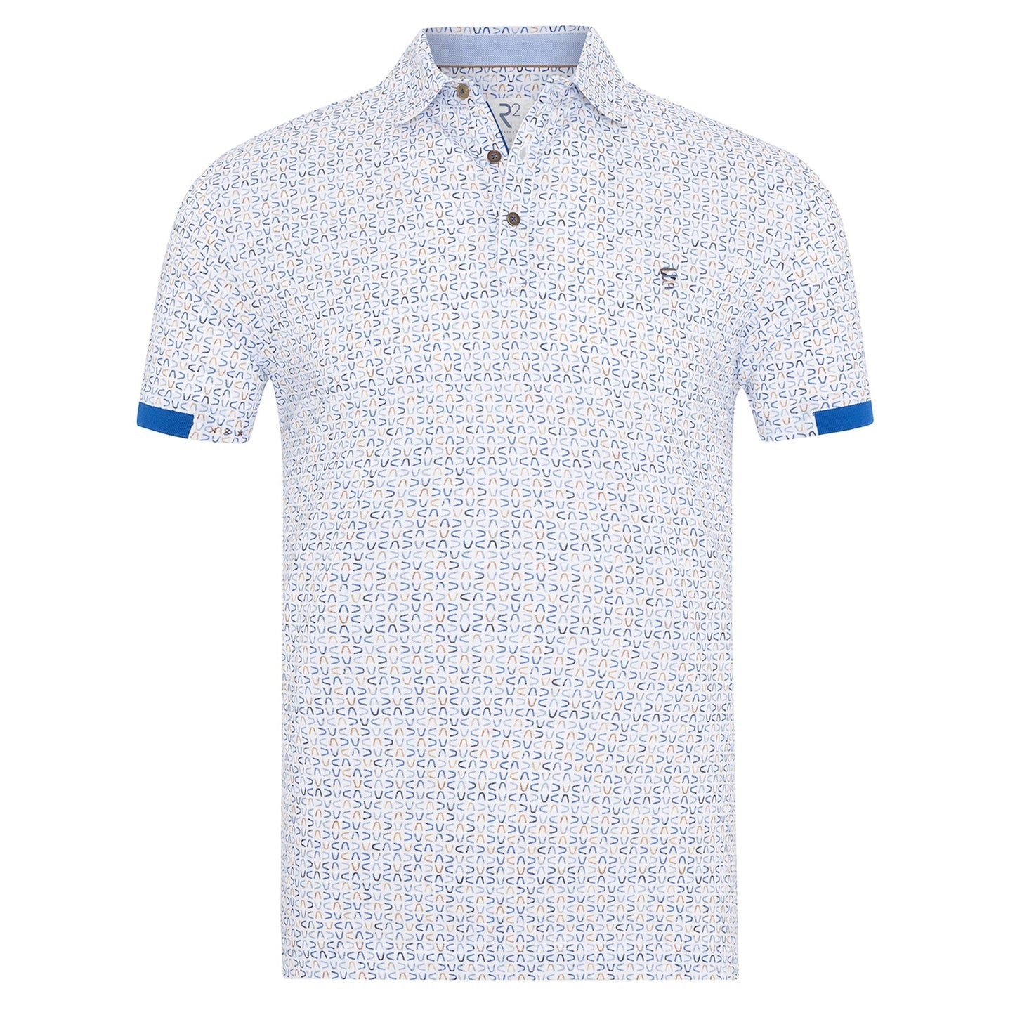 White polo shirt with blue floral pattern on a white background