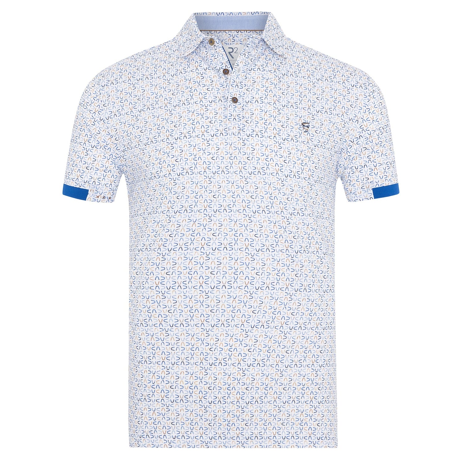 White polo shirt with blue floral pattern on a white background