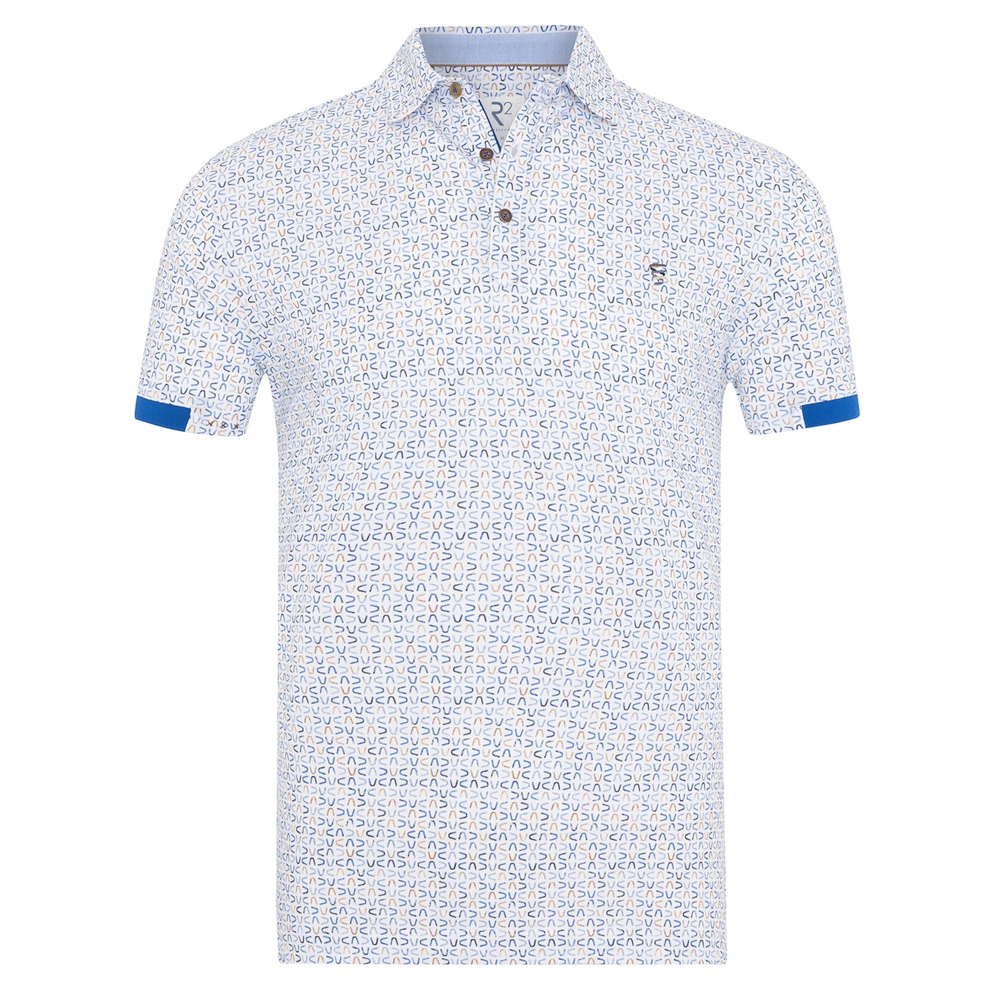 White polo shirt with blue floral pattern on a white background