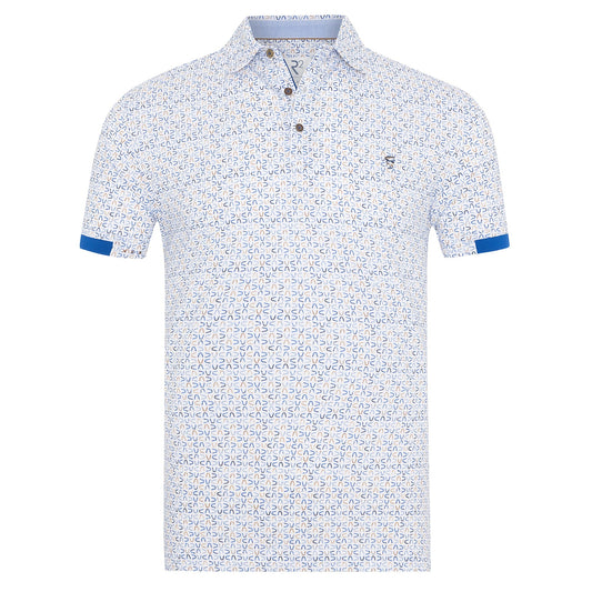 White polo shirt with blue floral pattern on a white background