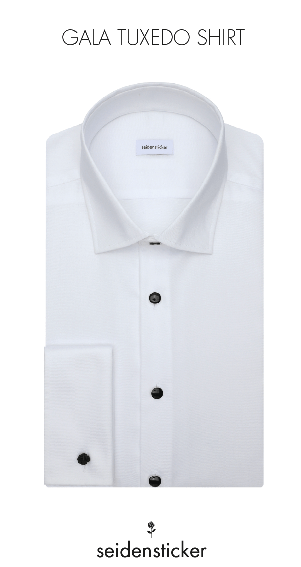 white tuxedo shirt with black buttons on a white background