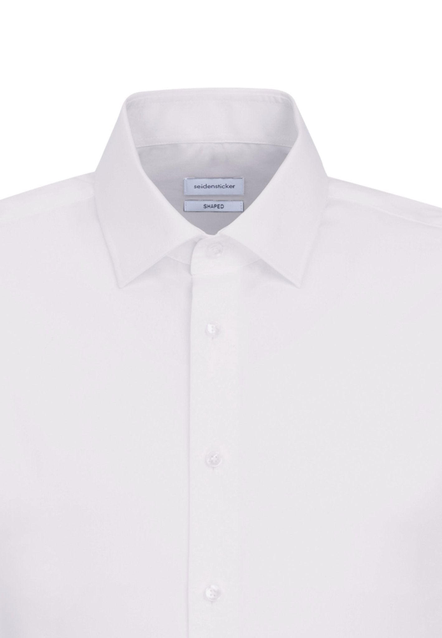White dress shirt with a collar and buttons on a white background
