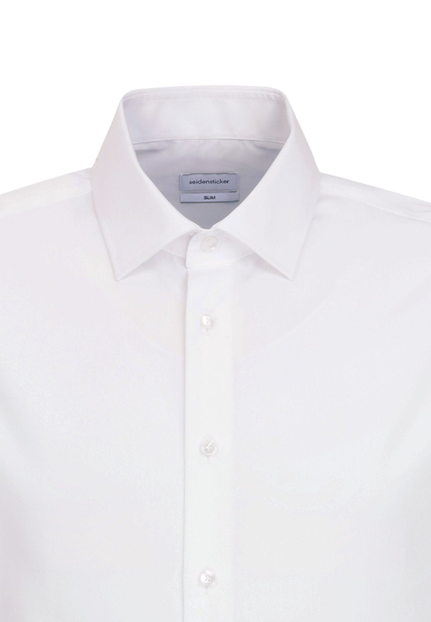 White dress shirt with collar and label on a white background