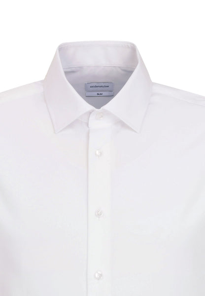 White dress shirt with collar and label on a white background