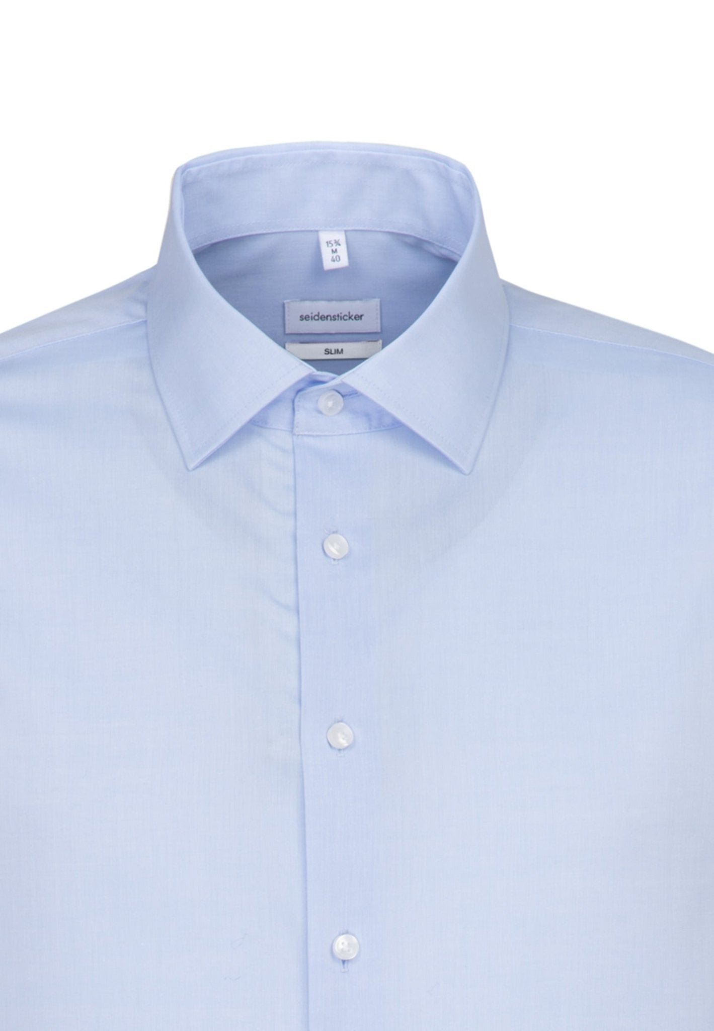 Light blue dress shirt with collar and buttons on a white background