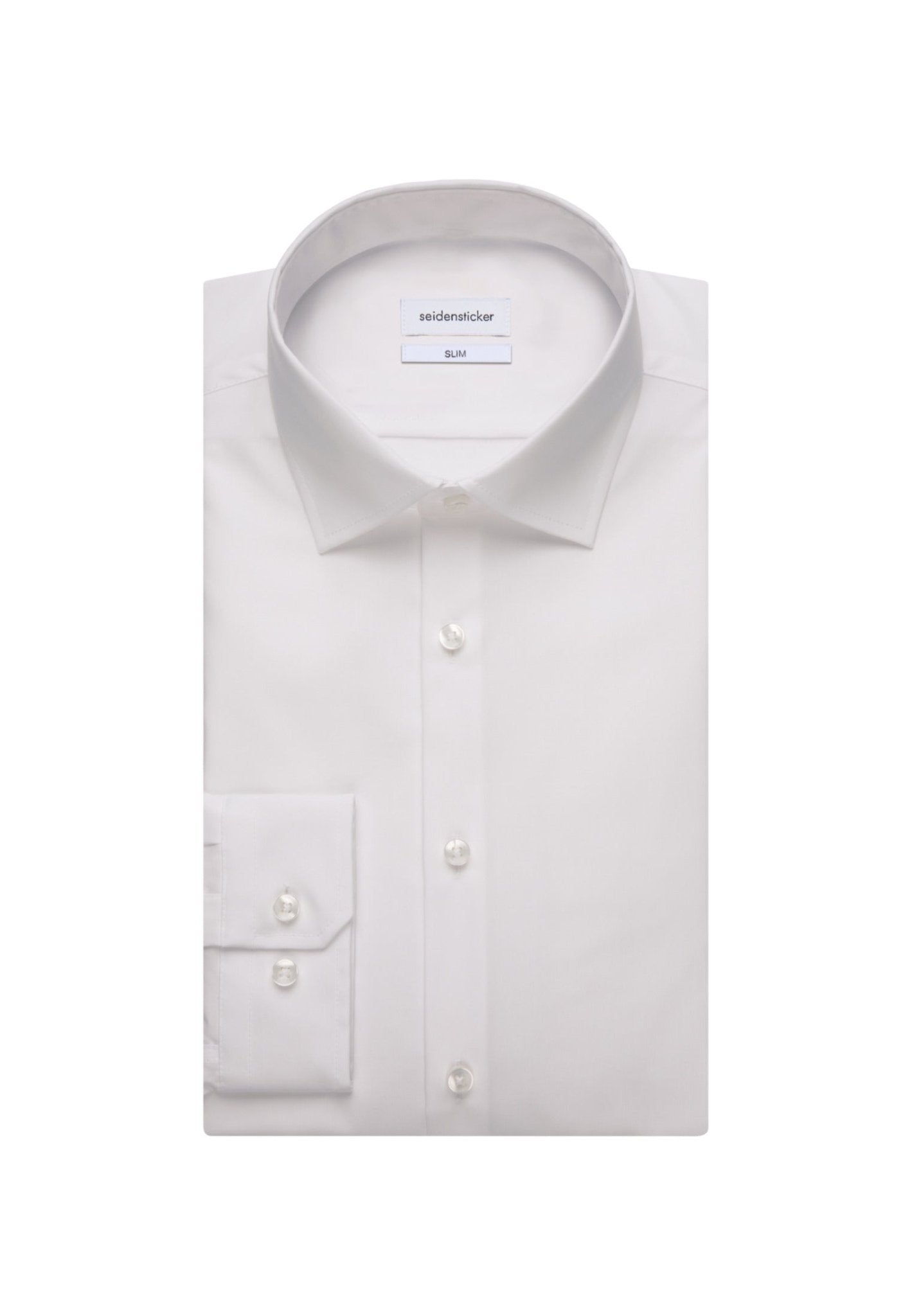 White dress shirt with collar and button details on a white background