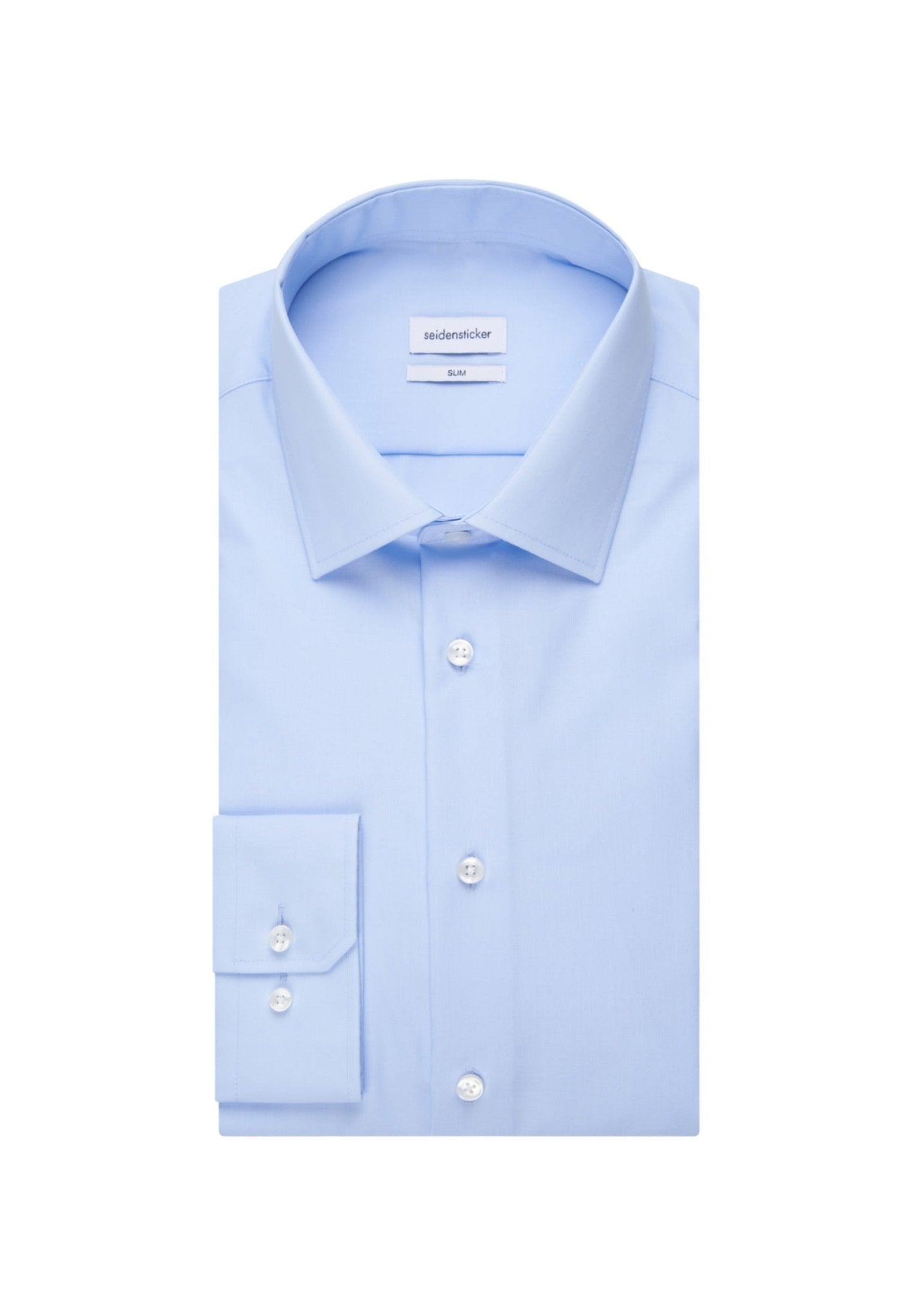 Light blue dress shirt with a collar label on a white background g