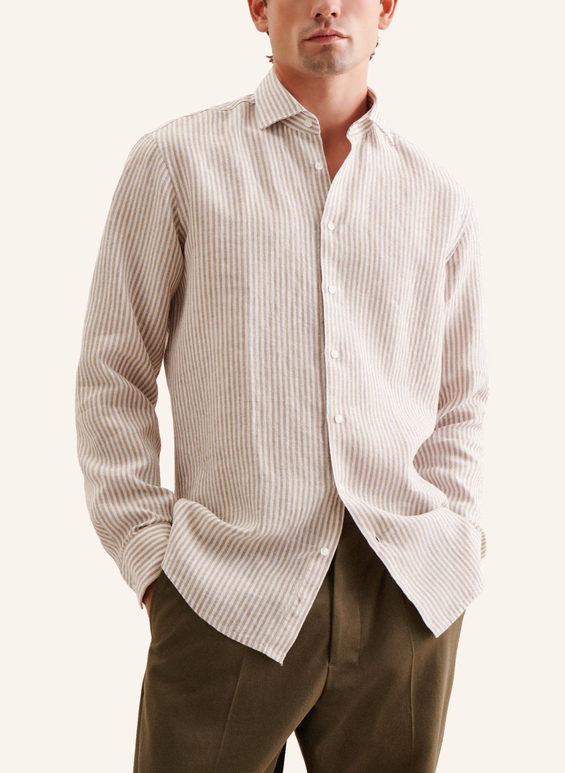 Seidensticker L/S Stripe Pure Linen Regular Fit Shirt Beige - Mens Den