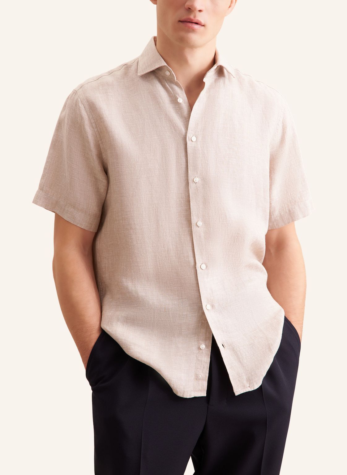 Seidensticker S/S Pure Linen Regular Fit Shirt Sand - Mens Den