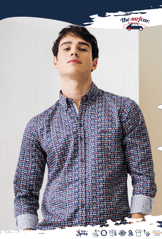 Man wearing a patterned shirt against a white background with 'The Surfear' logo.